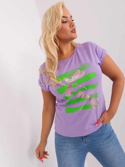 Bluzka T-shirt ważka jasny fiolet plus size wywijany rękaw Bluzka T-shirt ważka jasny fiolet plus size wywijany rękaw
