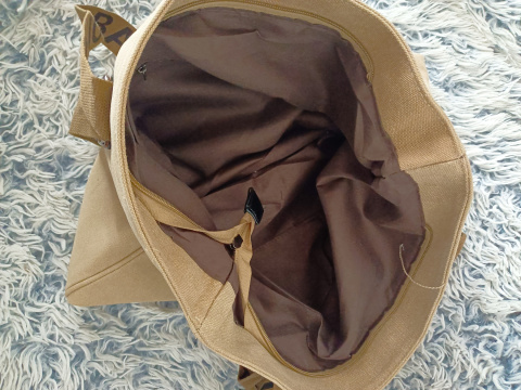 Torebka damska z tkaniny Fashion Bags jasno brązowa z napisami Torebka damska z tkaniny Fashion Bags jasno brązowa z napisami