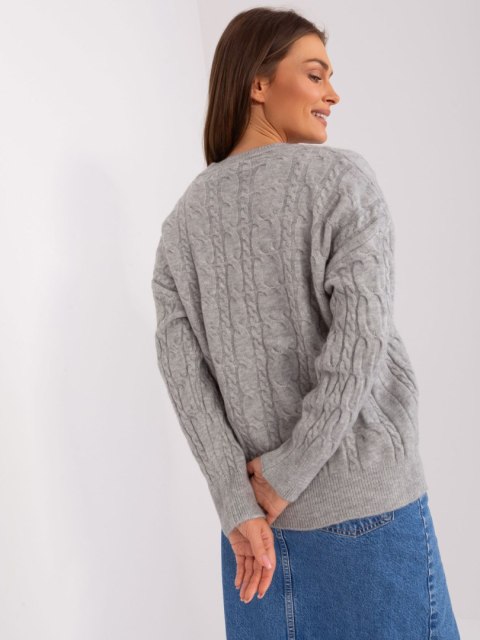 Sweter damski szary z warkoczami i ściągaczami oversize Sweter damski szary z warkoczami i ściągaczami oversize