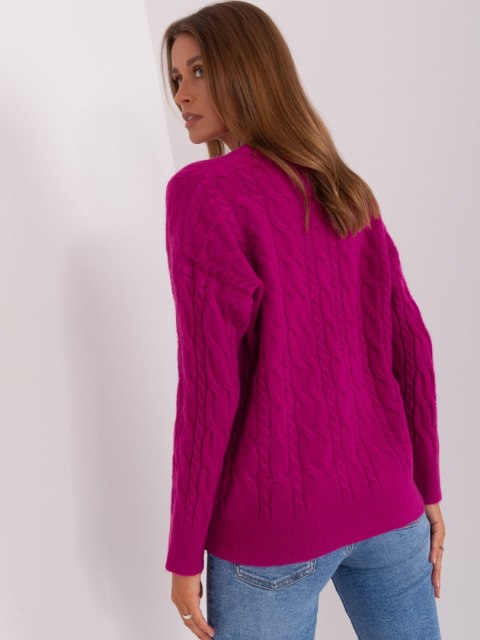 Sweter damski fioletowy z warkoczami i ściągaczami oversize Sweter damski fioletowy z warkoczami i ściągaczami oversize