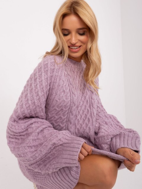 Sweter damski oversize jasny fiolet dzianinowy akrylowy Sweter damski oversize jasny fiolet dzianinowy akrylowy