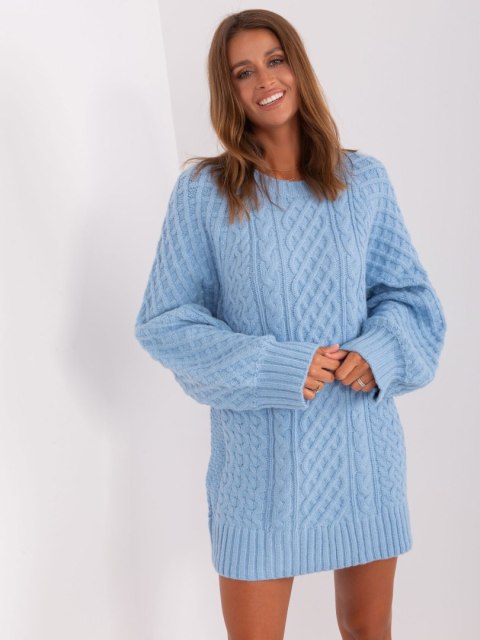 Sweter damski oversize jasnoniebieski dzianinowy akrylowy Sweter damski oversize jasnoniebieski dzianinowy akrylowy