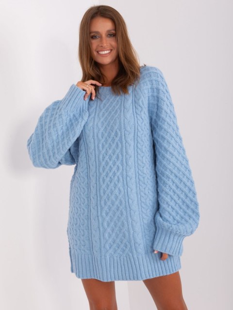 Sweter damski oversize jasnoniebieski dzianinowy akrylowy Sweter damski oversize jasnoniebieski dzianinowy akrylowy