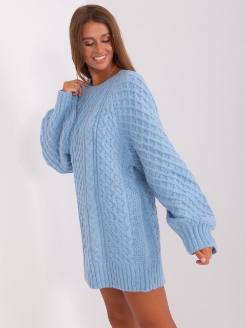Sweter damski oversize jasnoniebieski dzianinowy akrylowy Sweter damski oversize jasnoniebieski dzianinowy akrylowy