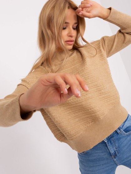 Sweter z półgolfem camelowy, oversize, nietoperz, asymetryczny