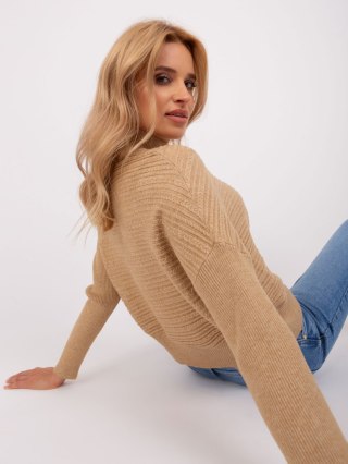 Sweter z półgolfem camelowy, oversize, nietoperz, asymetryczny