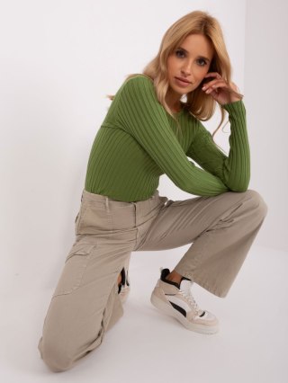 Sweter damski klasyczny w prążek khaki M/L