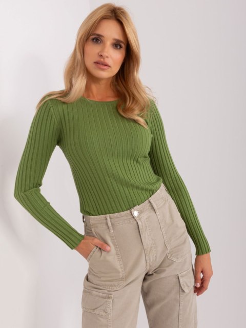 Sweter damski klasyczny w prążek khaki S/MSweter damski klasyczny w prążek khaki S/M