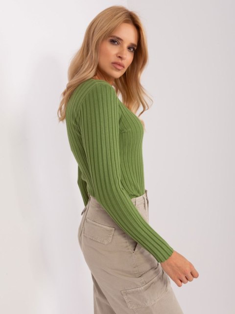 Sweter damski klasyczny w prążek khaki S/M