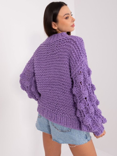 Sweter fioletowy, oversize z grubym splotem i bufiastymi rękawami