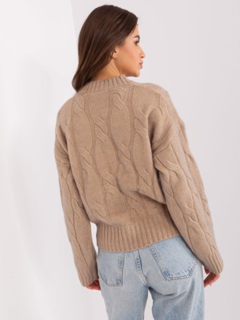 Sweter ciemnobeżowy z warkoczami i ściągaczami akrylowy Sweter ciemnobeżowy z warkoczami i ściągaczami akrylowy