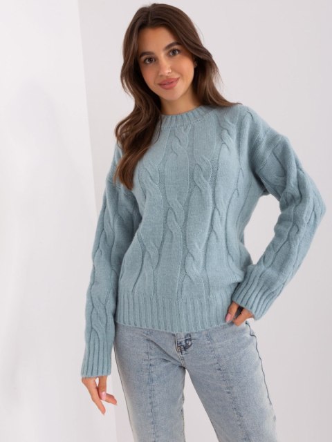 Sweter miętowy z warkoczami i ściągaczami akrylowy Sweter miętowy z warkoczami i ściągaczami akrylowy