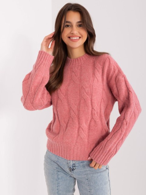 Sweter różowy z warkoczami i ściągaczami akrylowy Sweter różowy z warkoczami i ściągaczami akrylowy