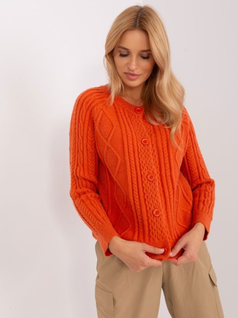 Sweter pomarańczowy damski rozpinany w warkocze włoski Sweter pomarańczowy damski rozpinany w warkocze włoski