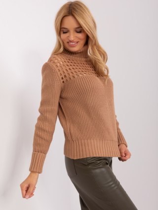Sweter camelowy golf damski akrylowy ażurowa góra
