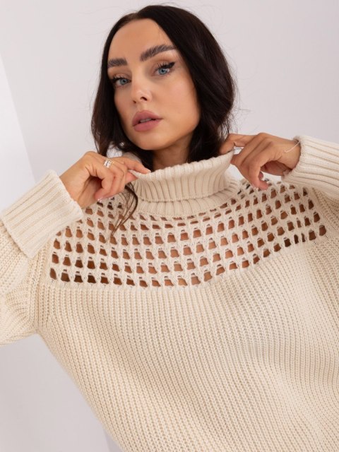 Sweter kremowy golf damski akrylowy ażurowa góra Sweter kremowy golf damski akrylowy ażurowa góra