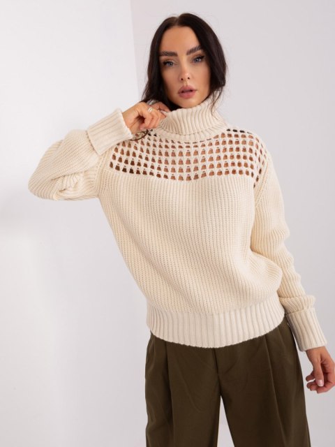 Sweter kremowy golf damski akrylowy ażurowa góra Sweter kremowy golf damski akrylowy ażurowa góra