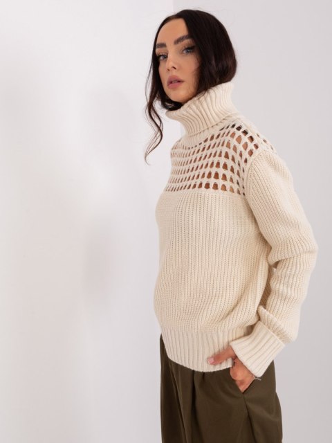 Sweter kremowy golf damski akrylowy ażurowa góra Sweter kremowy golf damski akrylowy ażurowa góra