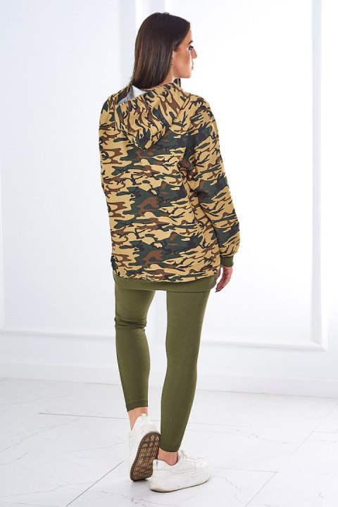 Komplet 3-częściowy moro bluza, top i legginsy khaki + beżowy