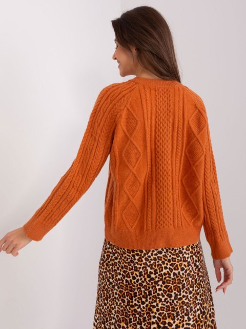 Sweter pomarańczowy damski rozpinany w warkocze włoski Sweter pomarańczowy damski rozpinany w warkocze włoski