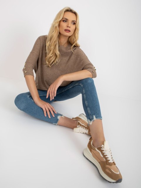 Sweter tunika ciemnobeżowa w prążek z guzikami na rekawach