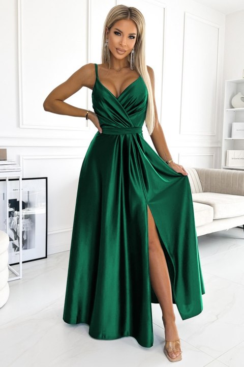 512-1 JULIET elegancka długa satynowa suknia z dekoltem - ZIELEŃ BUTELKOWA - XL