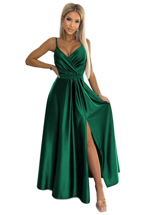 512-1 JULIET elegancka długa satynowa suknia z dekoltem - ZIELEŃ BUTELKOWA - XL