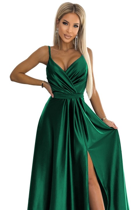 512-1 JULIET elegancka długa satynowa suknia z dekoltem - ZIELEŃ BUTELKOWA - XL
