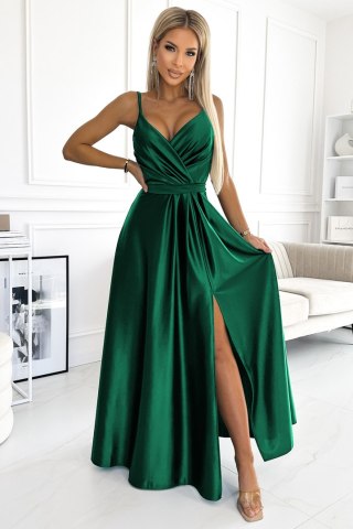 512-1 JULIET elegancka długa satynowa suknia z dekoltem - ZIELEŃ BUTELKOWA - M