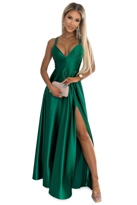 513-1 LUNA elegancka długa satynowa suknia z dekoltem i skrzyżowanymi ramiączkami - ZIELEŃ BUTELKOWA - XL 513-1 LUNA elegancka długa satynowa suknia z dekoltem i skrzyżowanymi ramiączkami - ZIELEŃ BUTELKOWA - XL