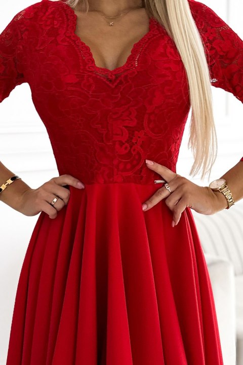 210-16 NICOLLE sukienka z koronkowym dekoltem i dłuższym tyłem - czerwona - XXXL 210-16 NICOLLE sukienka z koronkowym dekoltem i dłuższym tyłem - czerwona - XXXL