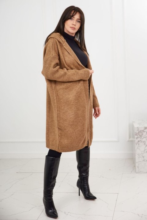 Sweter Kardigan z kapturem camelowy bez zapięcia Sweter Kardigan z kapturem camelowy bez zapięcia