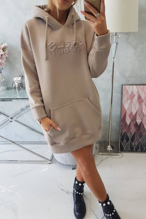 Bluza ocieplana z haftowanym napisem oversize ciemno beżowa