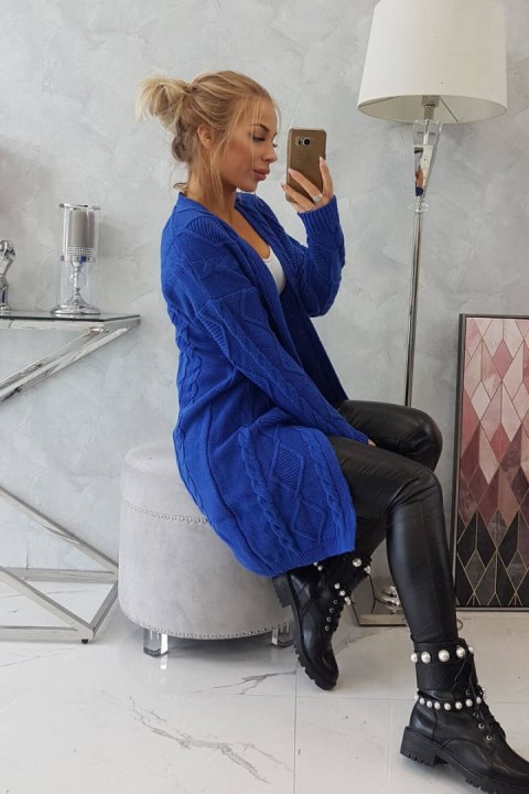 Sweter Kardigan z warkoczowym splotem chabrowy Sweter Kardigan z warkoczowym splotem chabrowy