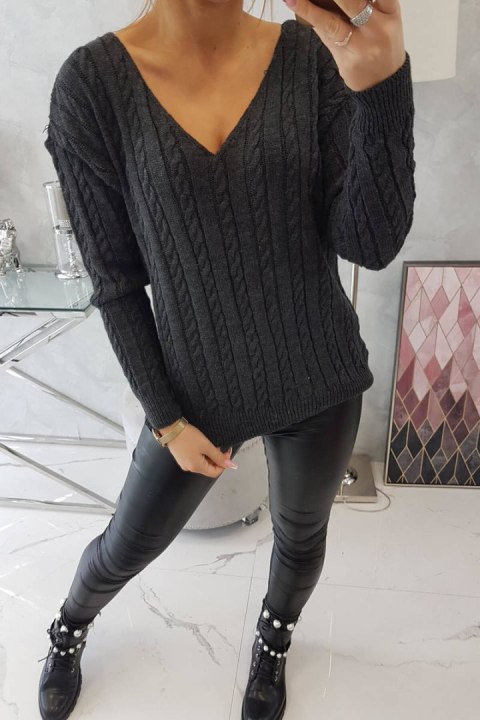 Sweter pleciony z dekoltem V grafitowy, modny warkoczowy splot Sweter pleciony z dekoltem V grafitowy, modny warkoczowy splot
