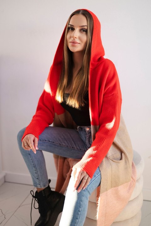 Sweter kardigan z kapturem w pasy czerwony+camelowy+pudrowy róż Sweter kardigan z kapturem w pasy czerwony+camelowy+pudrowy róż
