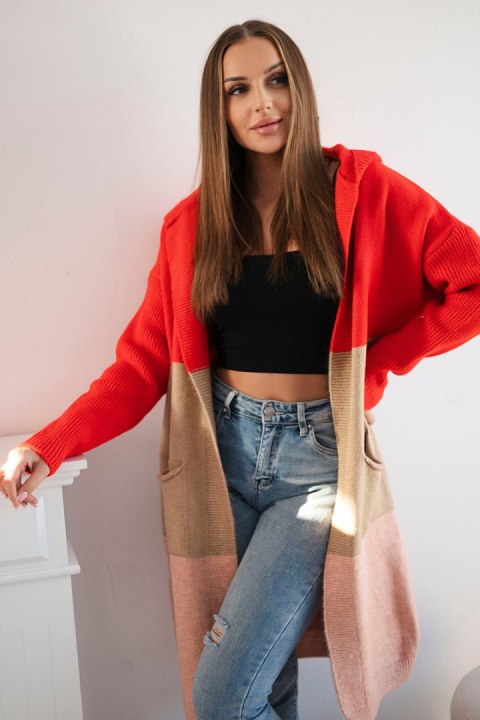 Sweter kardigan z kapturem w pasy czerwony+camelowy+pudrowy róż Sweter kardigan z kapturem w pasy czerwony+camelowy+pudrowy róż