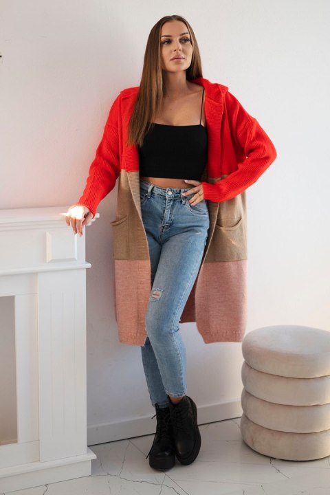Sweter kardigan z kapturem w pasy czerwony+camelowy+pudrowy róż Sweter kardigan z kapturem w pasy czerwony+camelowy+pudrowy róż