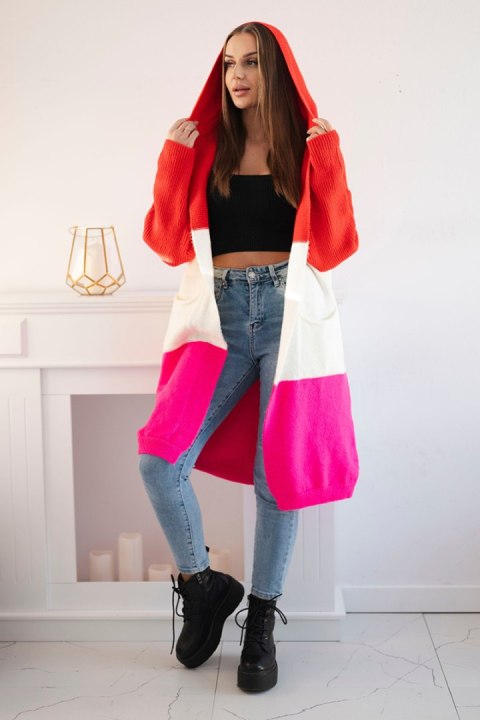 Sweter kardigan z kapturem w pasy czerwony+ecru+różowy Sweter kardigan z kapturem w pasy czerwony+ecru+różowy