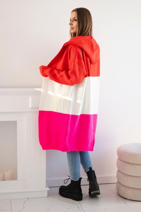 Sweter kardigan z kapturem w pasy czerwony+ecru+różowy Sweter kardigan z kapturem w pasy czerwony+ecru+różowy