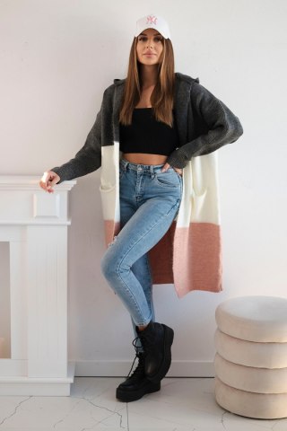 Sweter kardigan z kapturem w pasy grafitowy+ecru+pudrowy róż