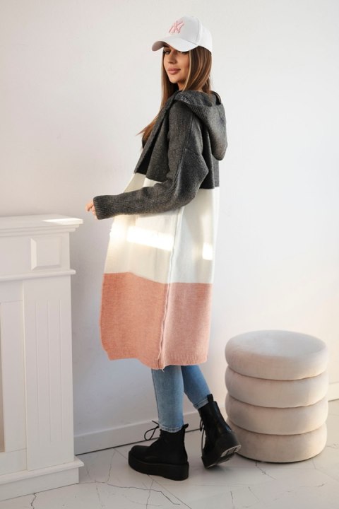 Sweter kardigan z kapturem w pasy grafitowy+ecru+pudrowy róż