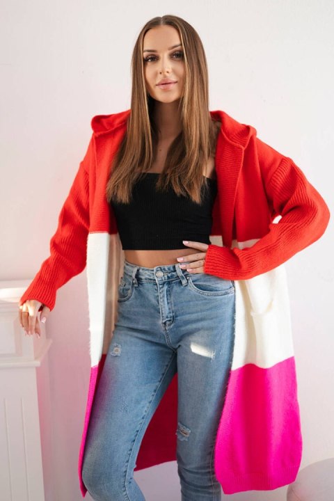 Sweter kardigan z kapturem w pasy czerwony+ecru+różowy Sweter kardigan z kapturem w pasy czerwony+ecru+różowy