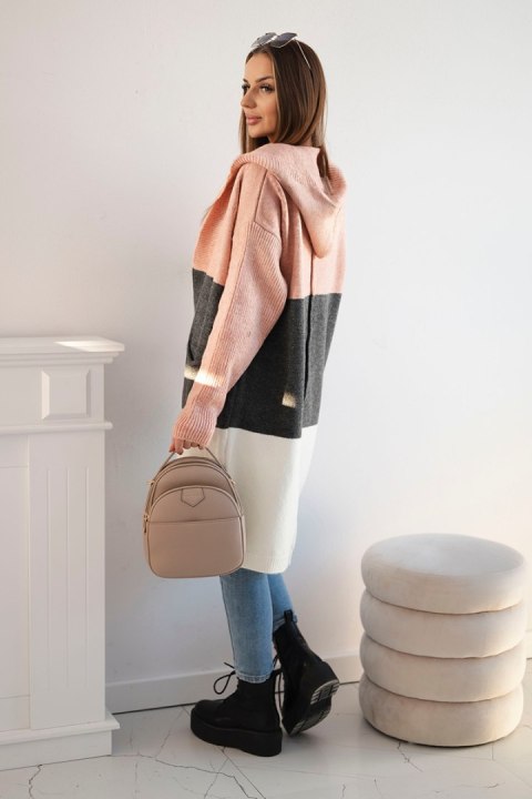 Sweter kardigan z kapturem w pasy pudrowy róż+grafitowy+ecru Sweter kardigan z kapturem w pasy pudrowy róż+grafitowy+ecru