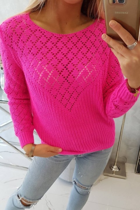 Sweter z ażurowym zdobieniem różowy neon UNI Sweter z ażurowym zdobieniem różowy neon UNI