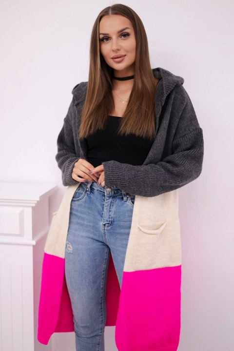 Sweter kardigan z kapturem w pasy grafitowy+beżowy+różowy neon Sweter kardigan z kapturem w pasy grafitowy+beżowy+różowy neon