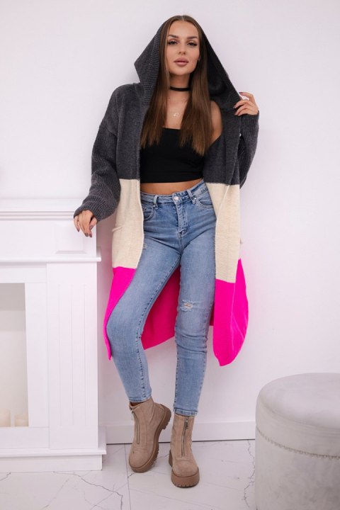 Sweter kardigan z kapturem w pasy grafitowy+beżowy+różowy neon Sweter kardigan z kapturem w pasy grafitowy+beżowy+różowy neon