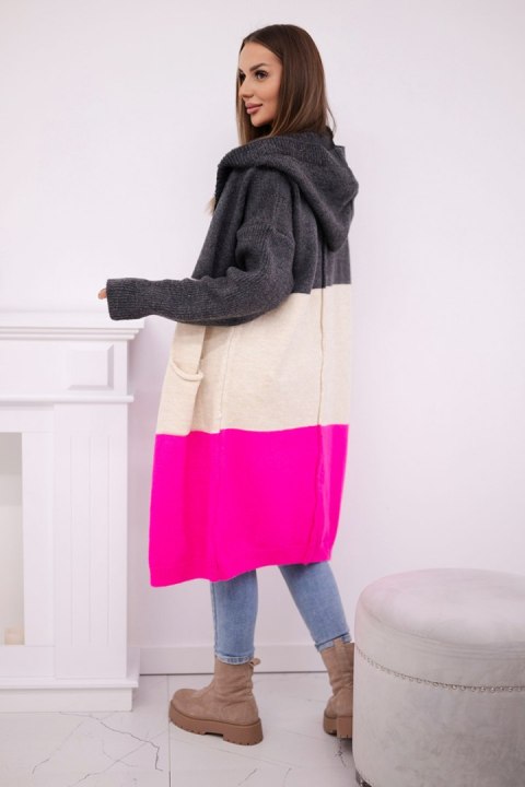 Sweter kardigan z kapturem w pasy grafitowy+beżowy+różowy neon Sweter kardigan z kapturem w pasy grafitowy+beżowy+różowy neon