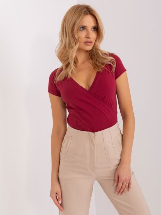 Bordowy bawełniany t-shirt damski RUE PARIS z kopertowym dekoltem – basic casual S