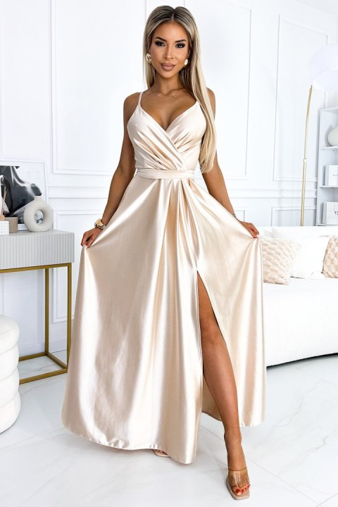 512-3 JULIET elegancka długa satynowa suknia z dekoltem i rozcięciem na nogę - BEŻOWA - XL 512-3 JULIET elegancka długa satynowa suknia z dekoltem i rozcięciem na nogę - BEŻOWA - XL